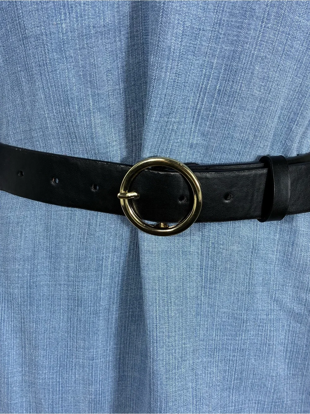 Plus Size Womens belt black faux leather gold ring buckle 57” long